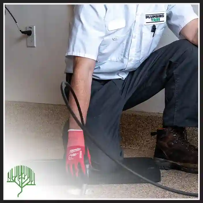 Plumbing Tree plumber kneeling and feeding a line into a floor drain opening