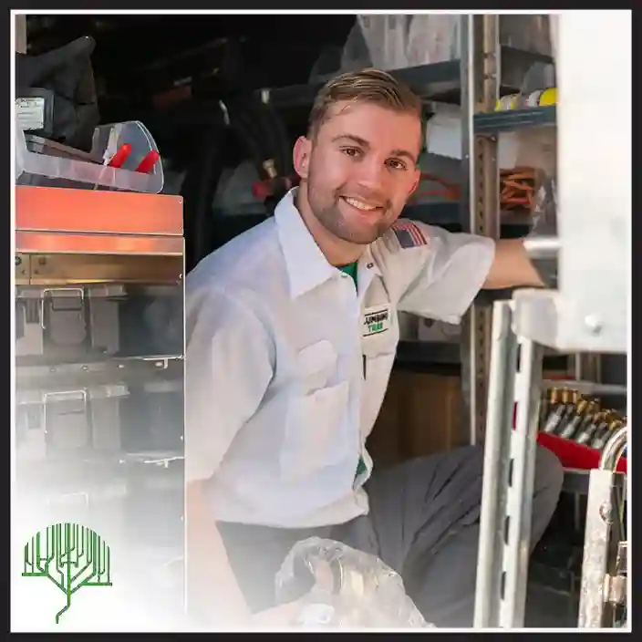 Plumbing Tree technician leaning against a fully stocked service van in San Diego