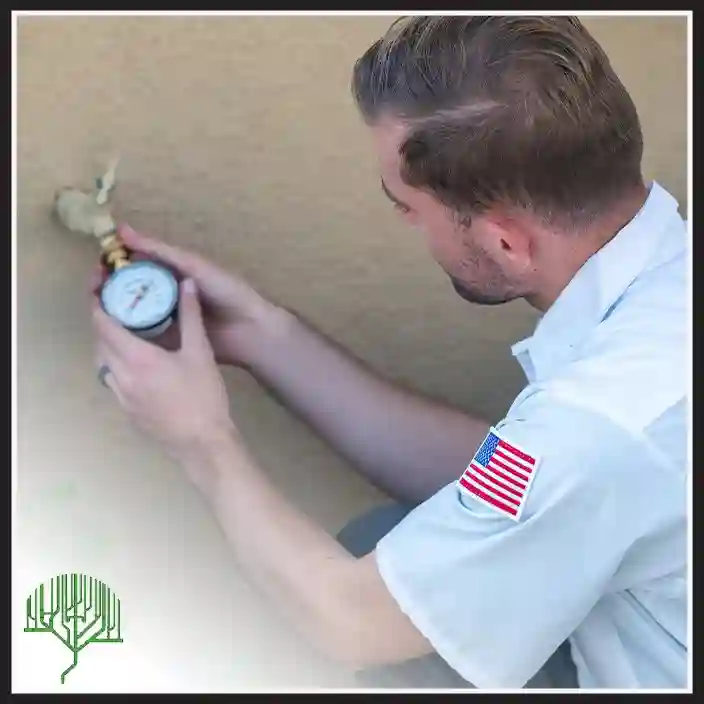 Plumbing Tree technician checking a water pressure gauge at an outdoor spigot