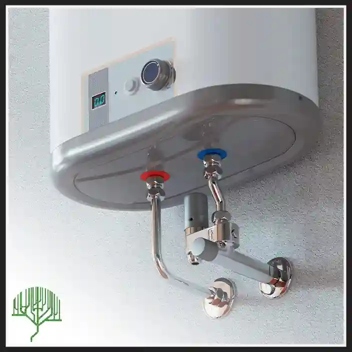 Wall-mounted electric water heater with red and blue shutoff valves