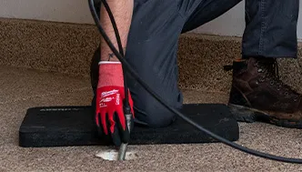 A person wearing a red glove kneels on a mat and uses a tool to repair a small hole in a speckled concrete floor.